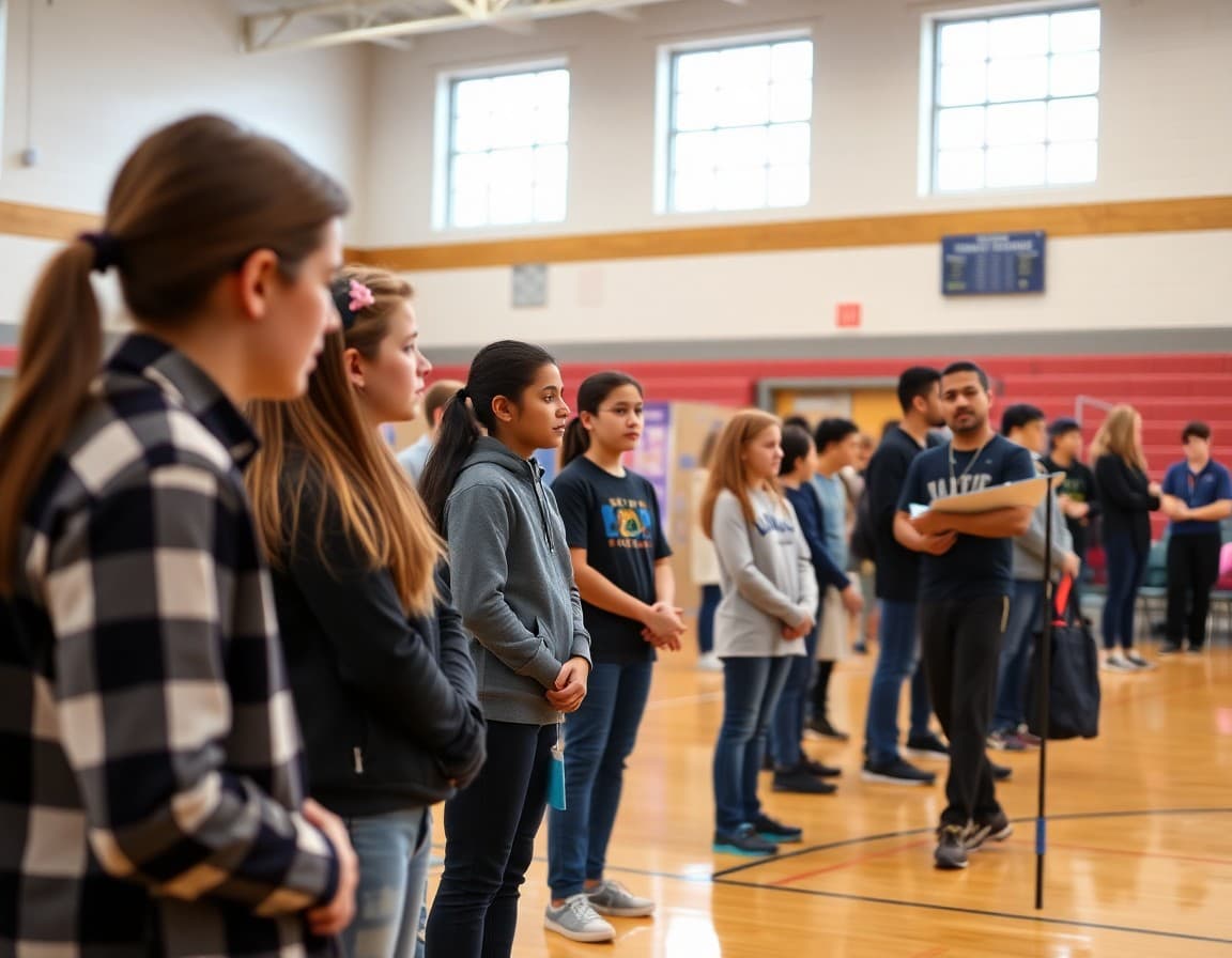 Delaware STEM fair students presenting to judges at a school gymnasium