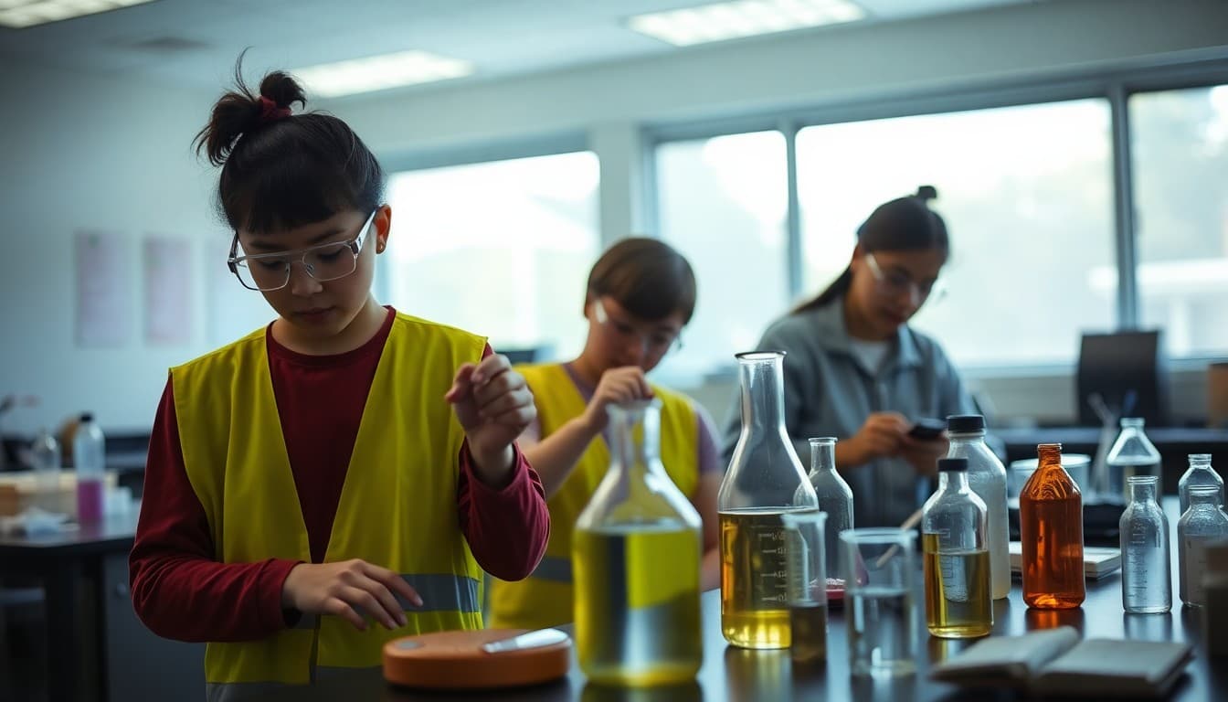 Delaware students working on chemistry lab investigation with safety equipment