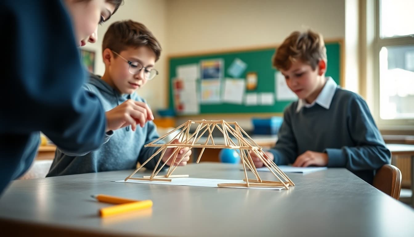 Students testing a bridge design made from popsicle sticks and glue at a classroom table