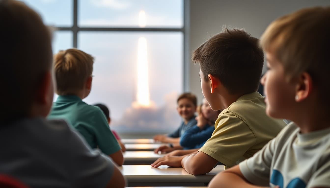 Florida students watching a rocket launch from school grounds near Kennedy Space Center