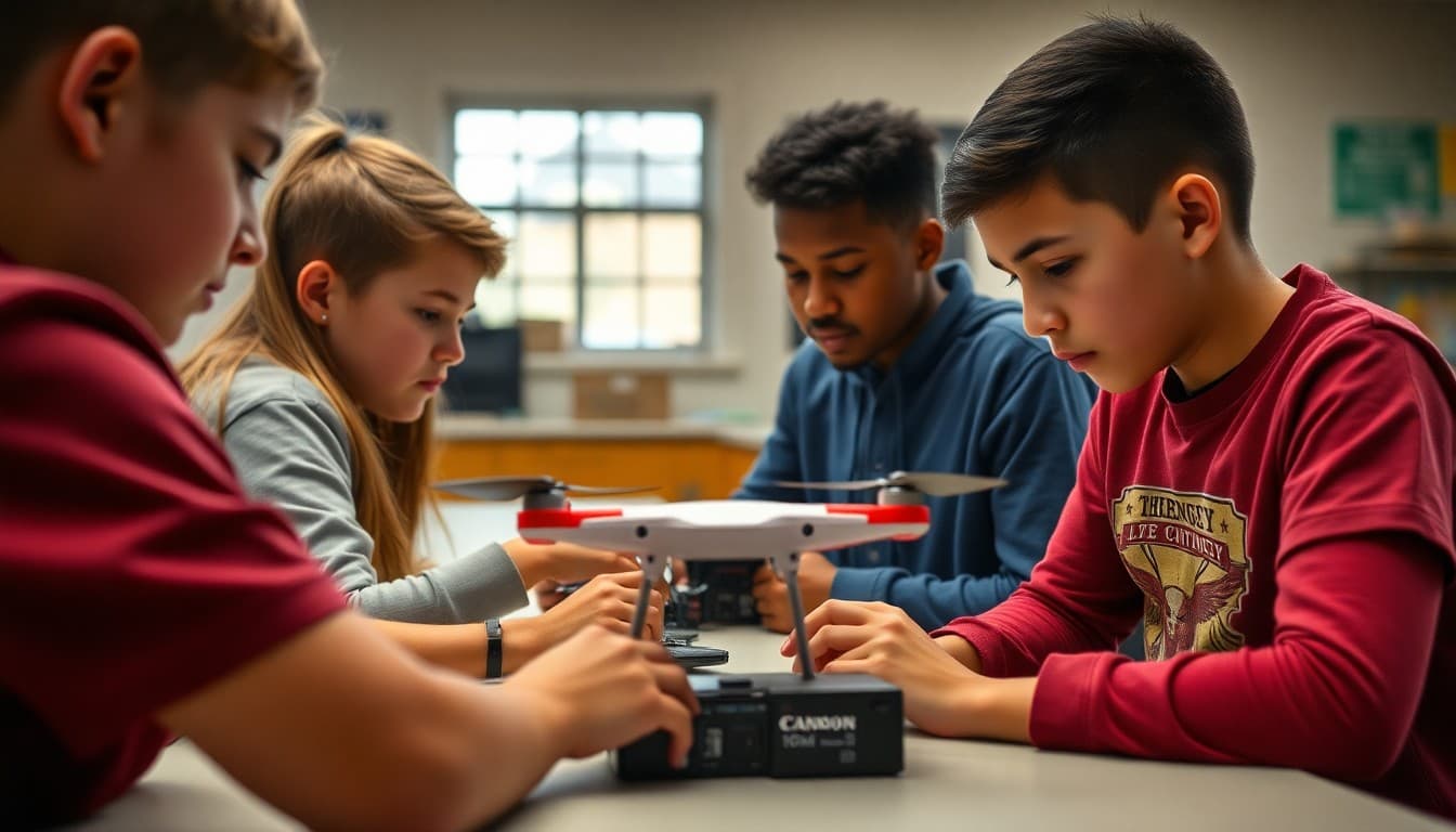 Georgia students working on a drone programming challenge at a school STEM event