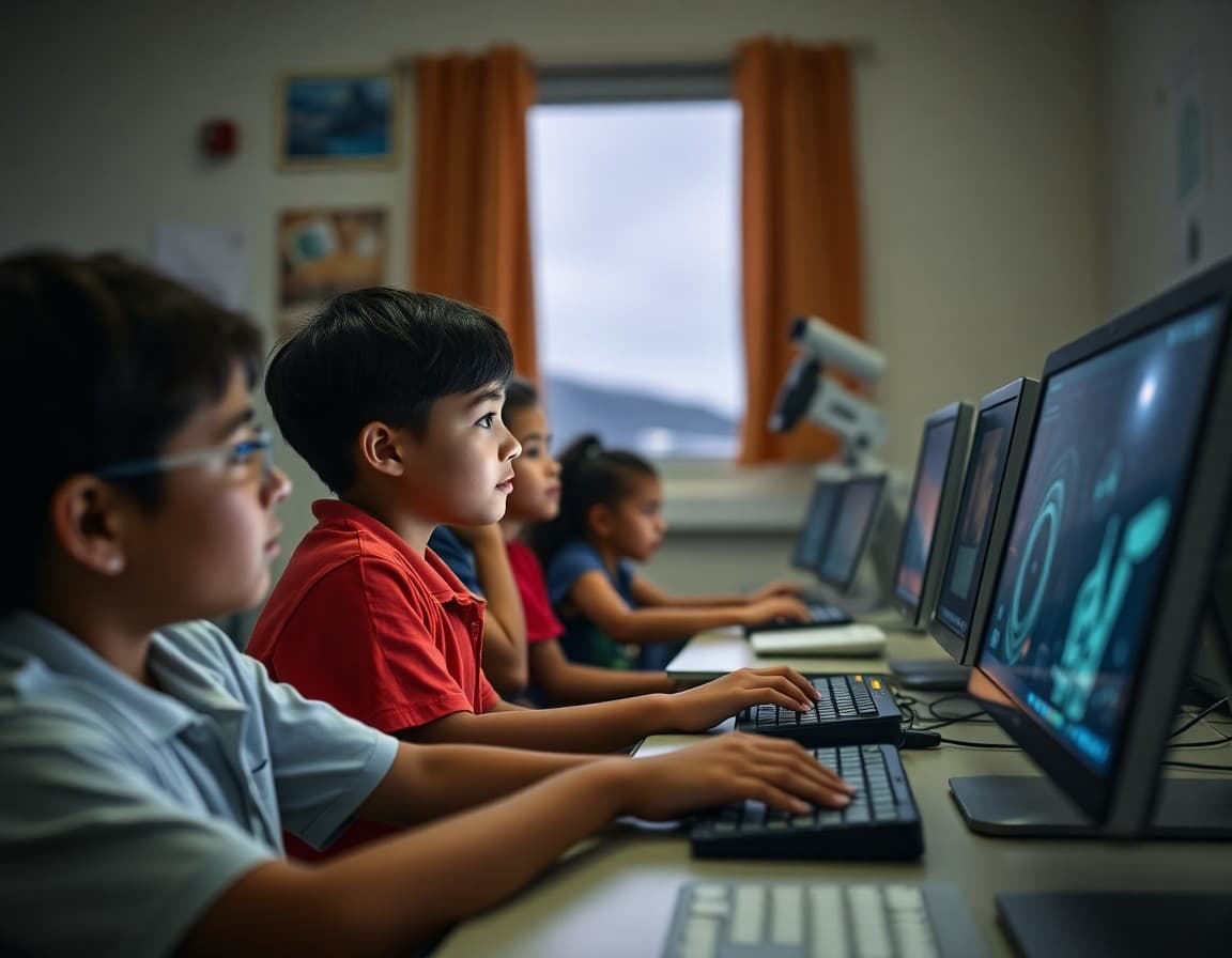 Hawaii astronomy students viewing telescope data on computers during a nighttime school program