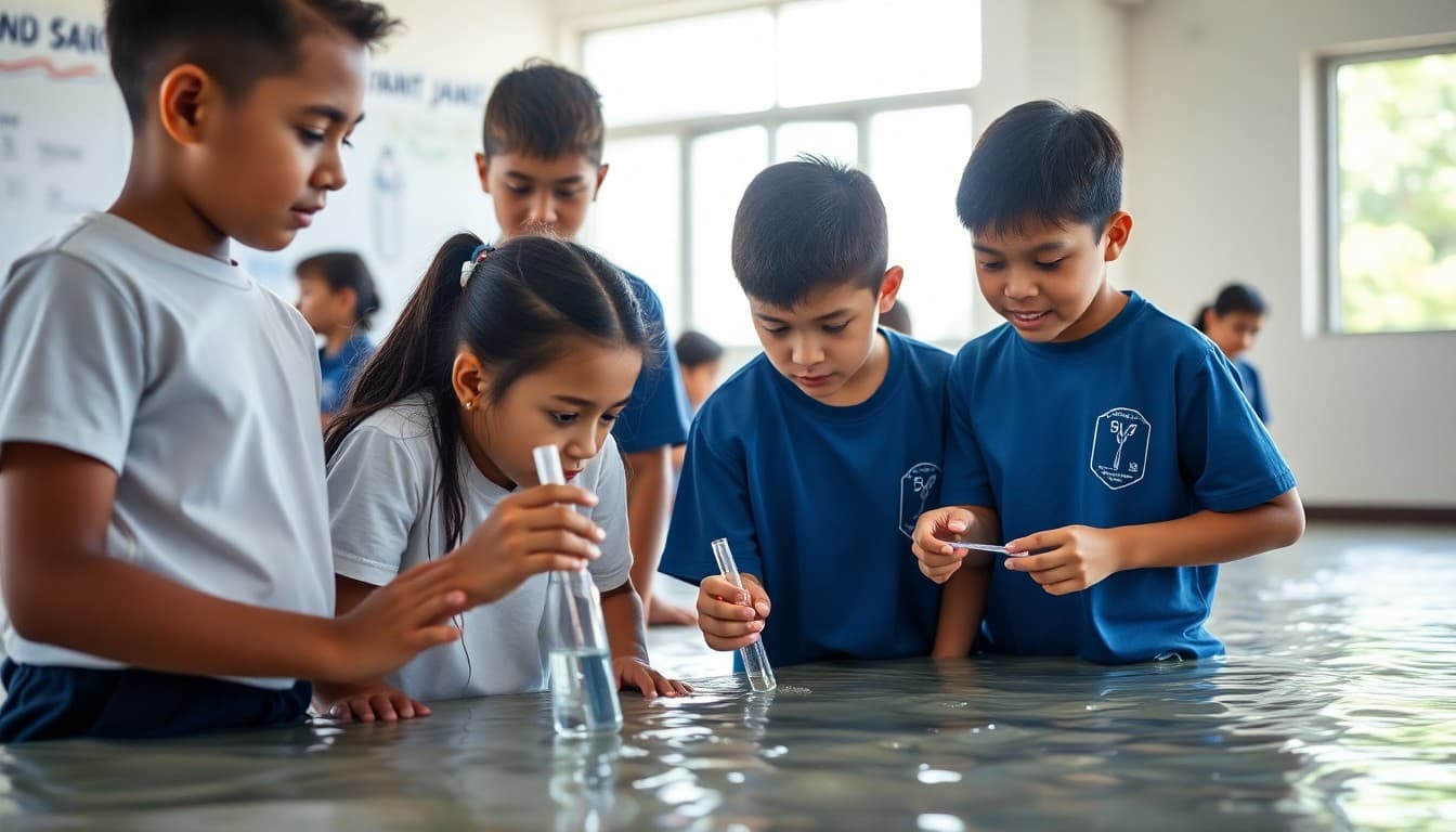 Hawaii students conducting ocean water quality testing at a school beach science program