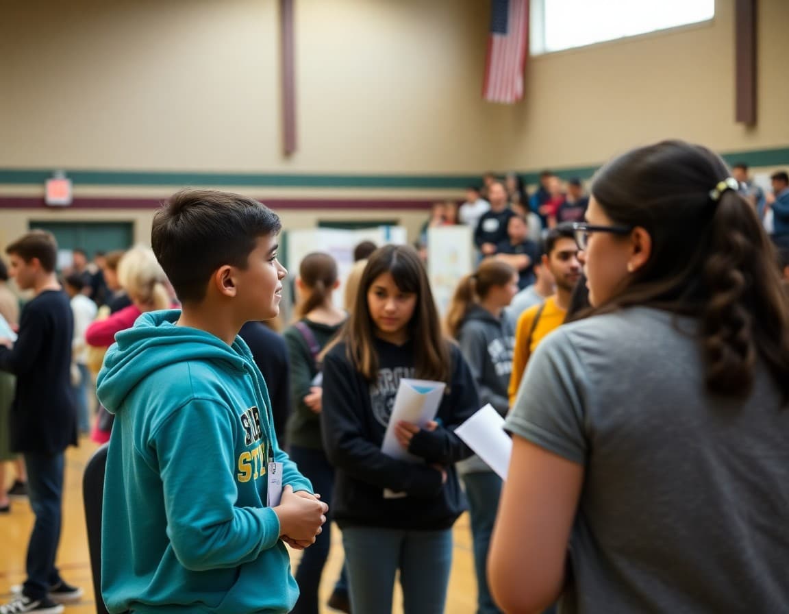 Idaho STEM fair students presenting projects at a regional competition in a school gymnasium