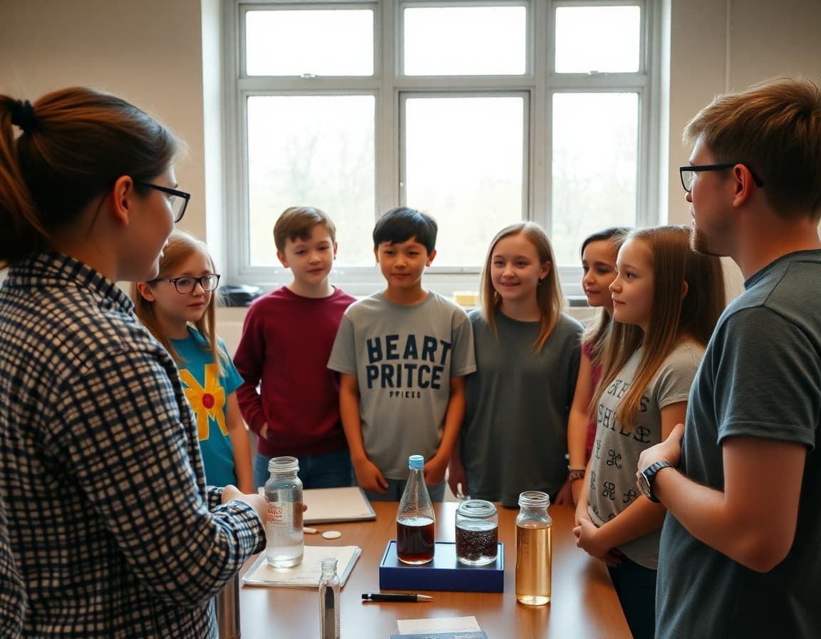 Indiana middle school students presenting a science fair project to teachers