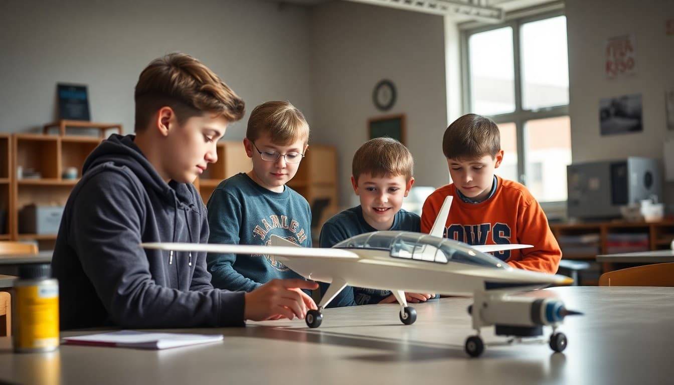Kansas students working on an aviation engineering model in a school STEM lab