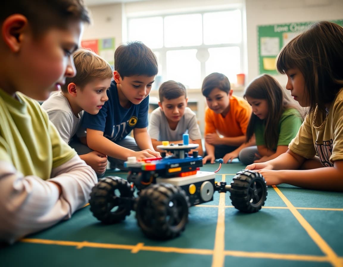 LEGO League students testing their robot on competition field mat during practice session