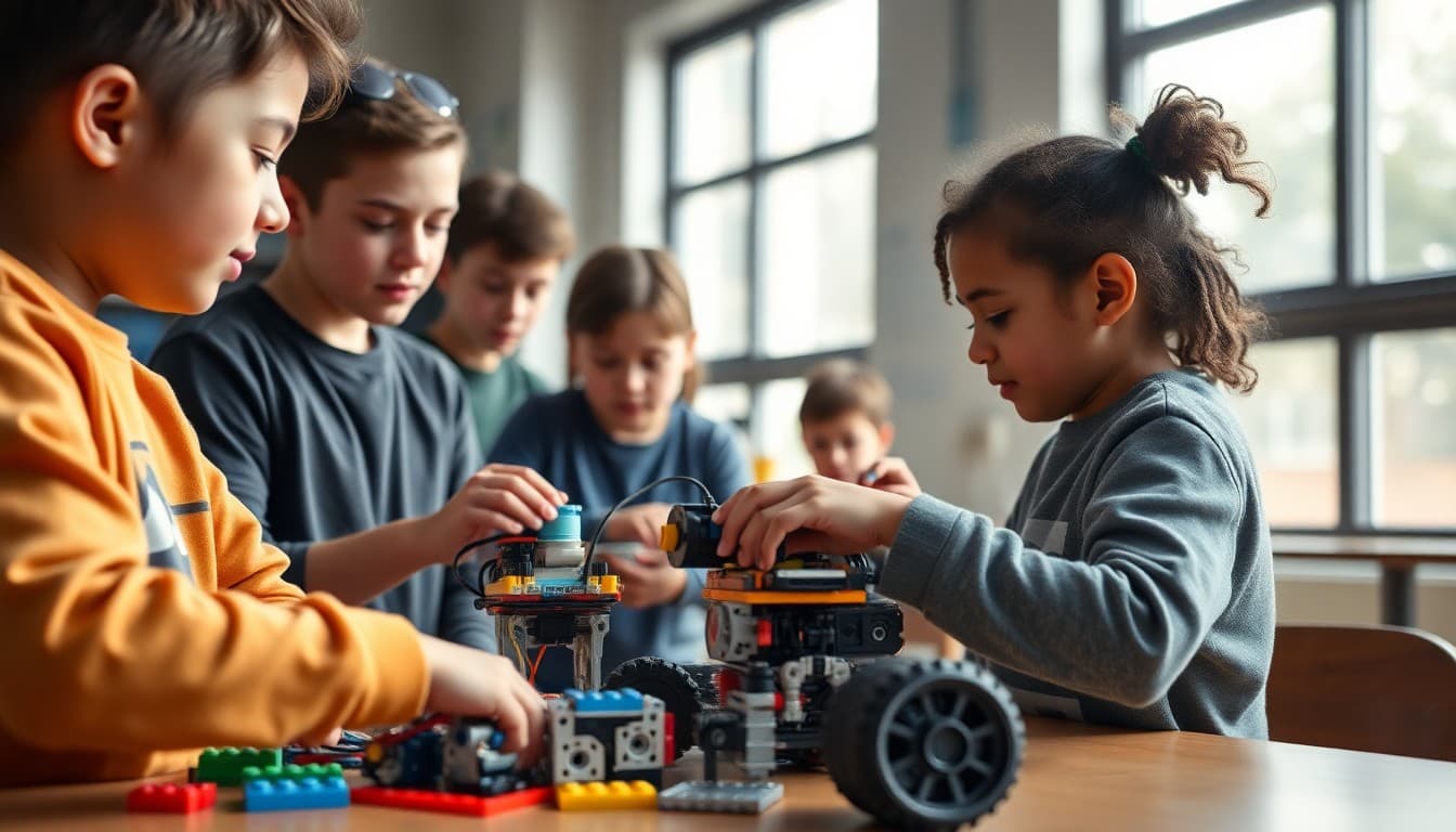 FIRST LEGO League team building a robot for tournament challenge with LEGO components