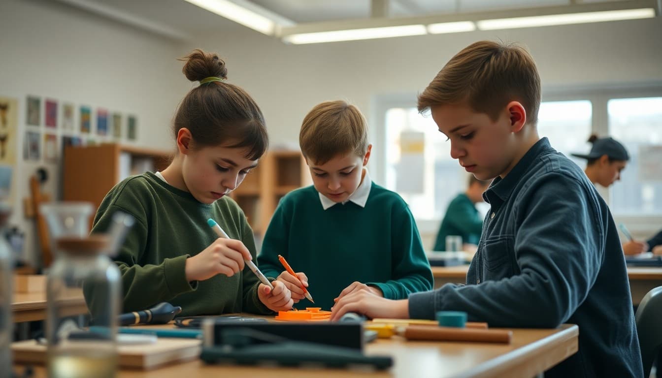Students in school maker space building creative projects with tools and materials