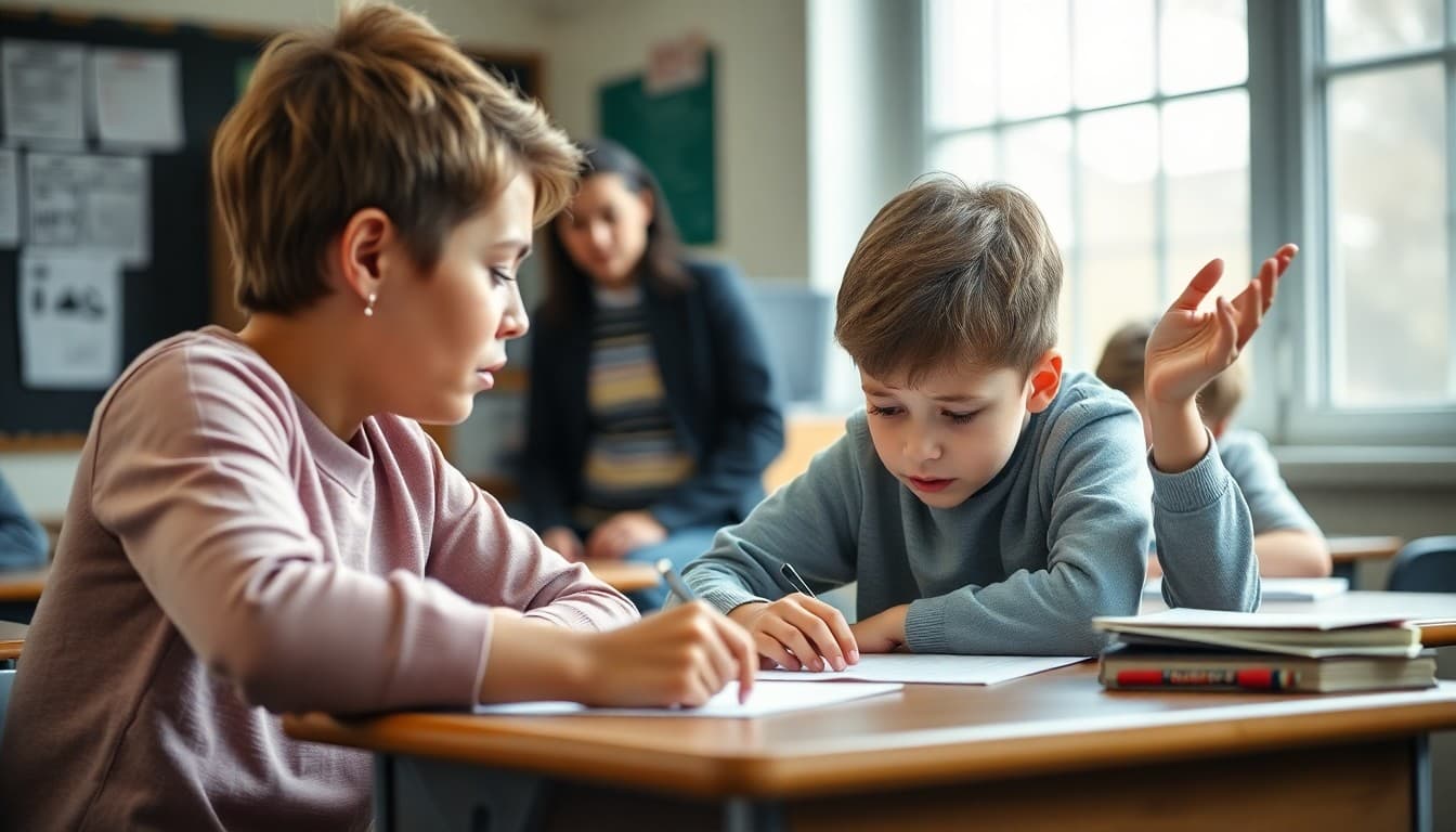Student looking frustrated over a math worksheet at a desk with teacher offering encouragement