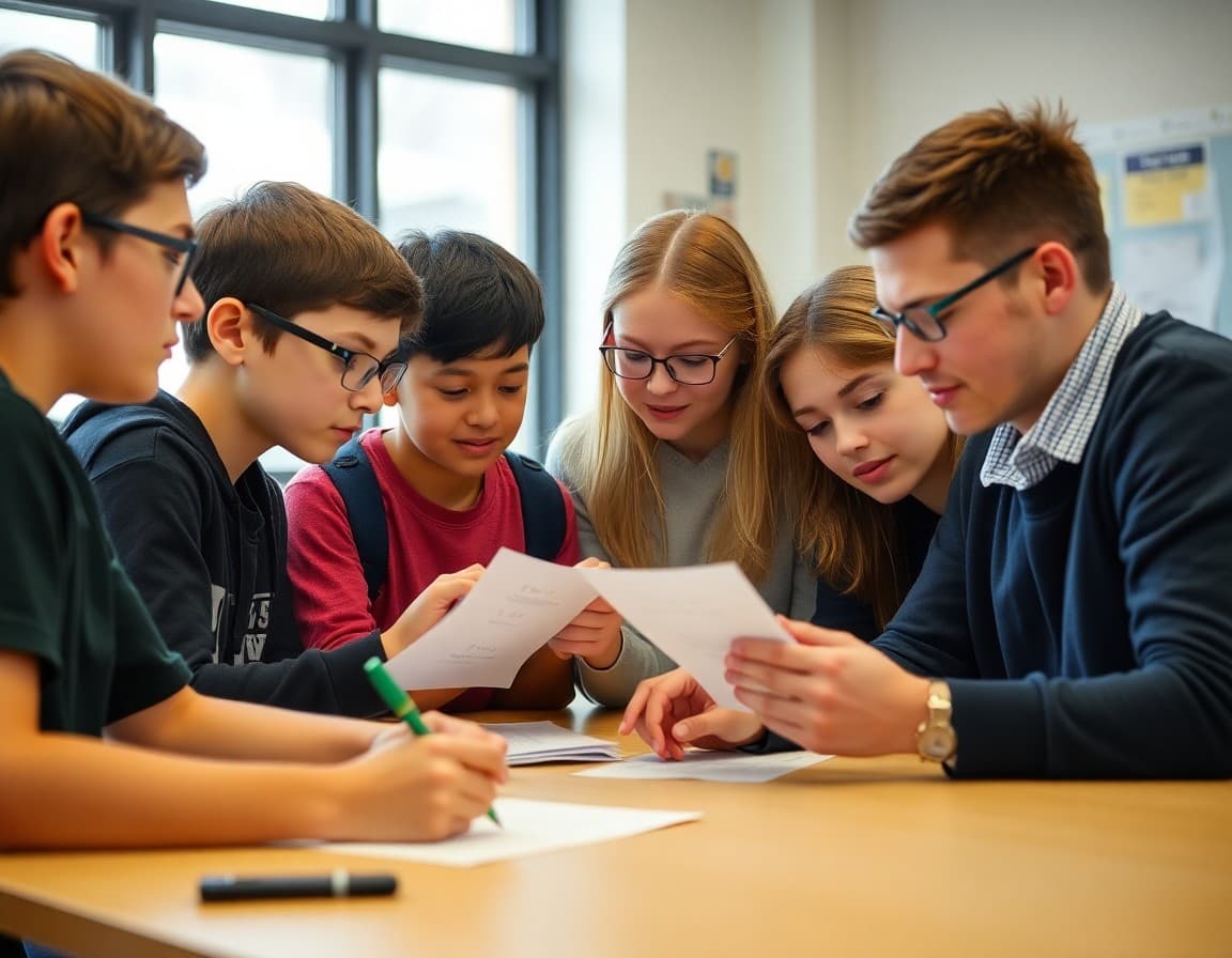 Math league team reviewing competition problems together with teacher coach