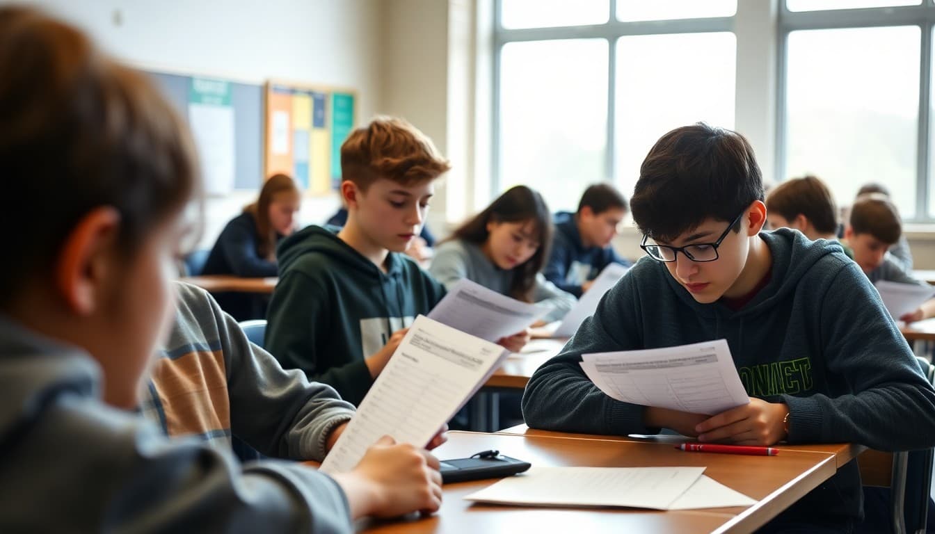 Math league students competing at interscholastic math competition with score sheets