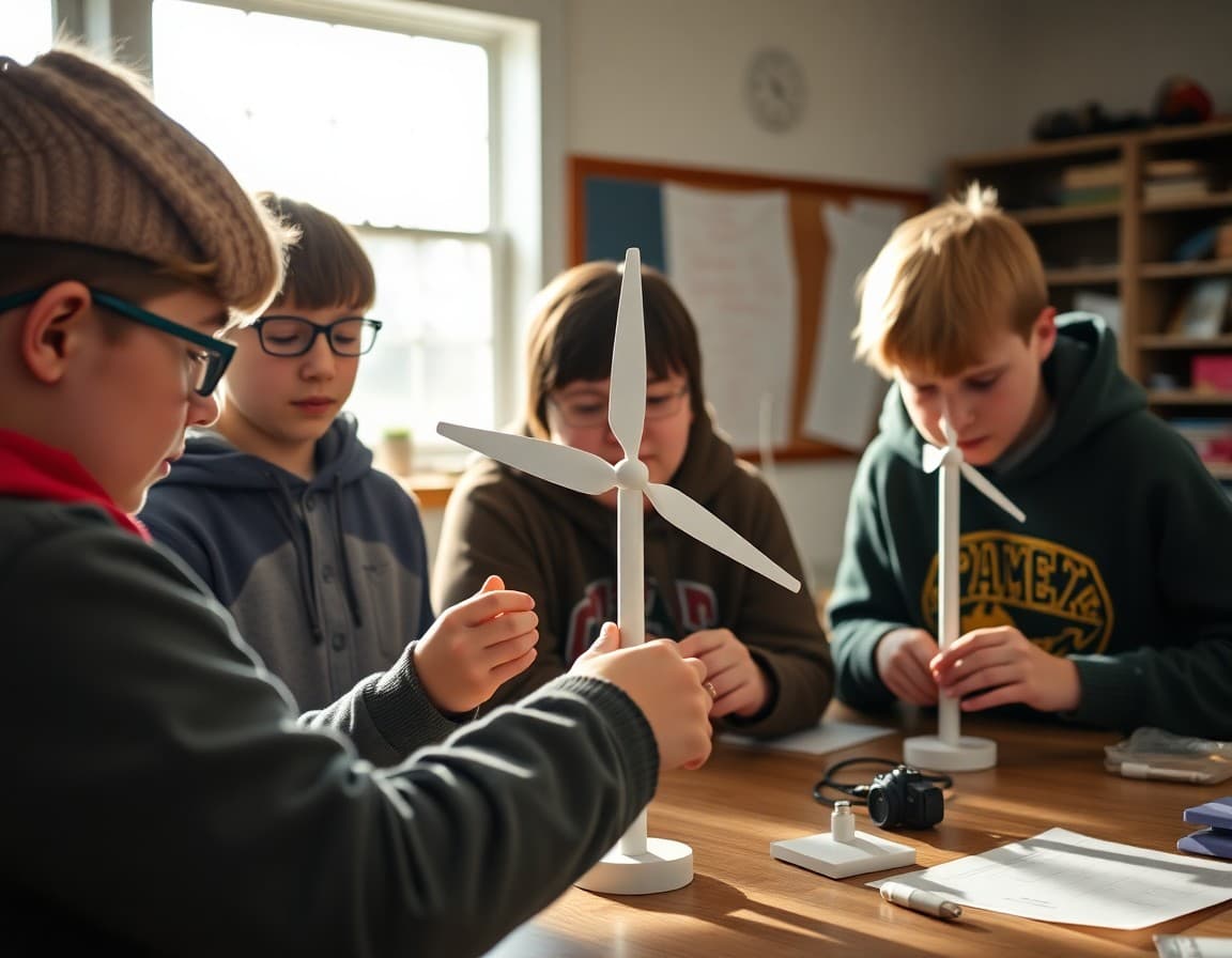 Maine students testing wind turbine models in a school engineering class outdoors