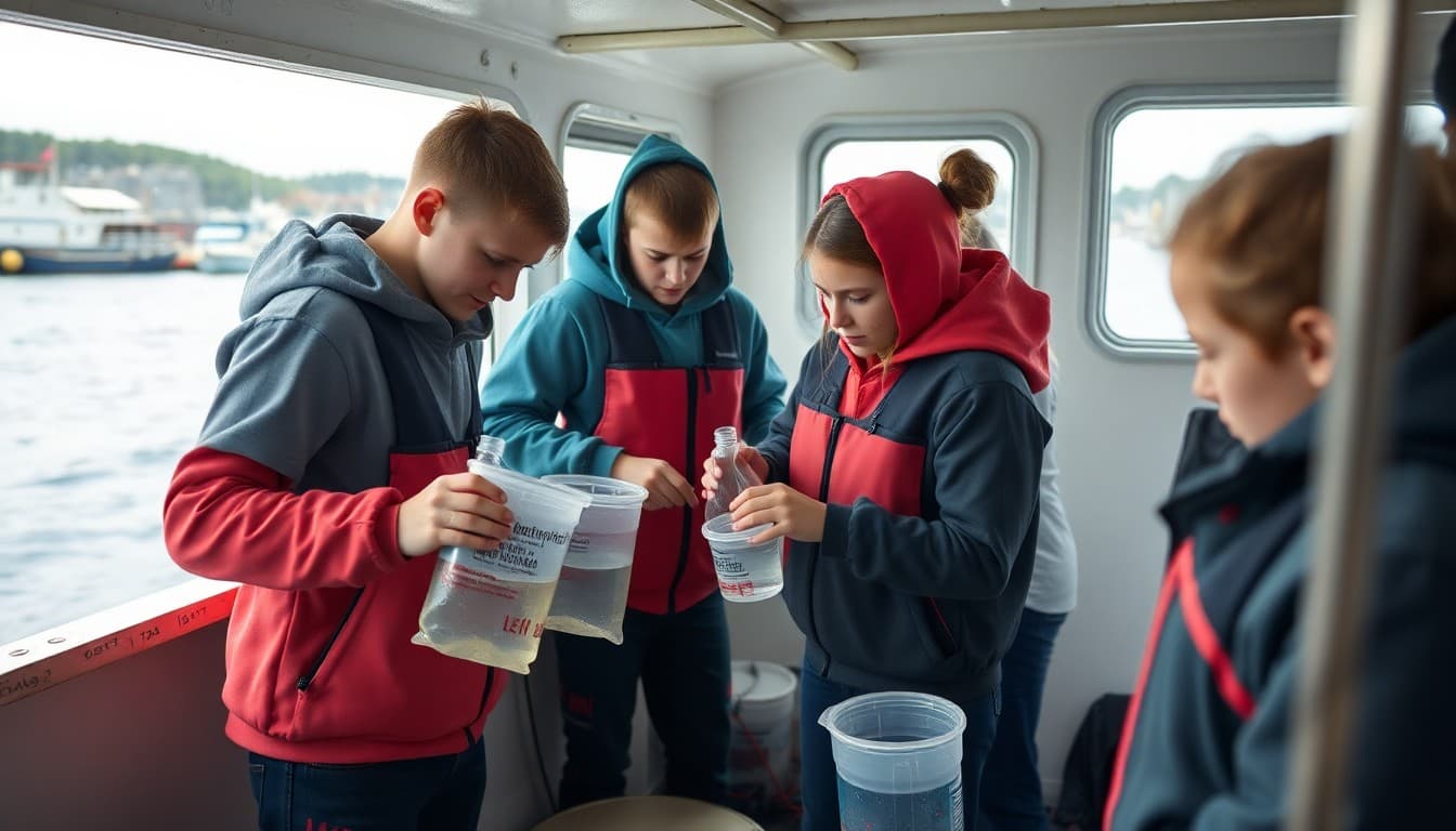 Maine students conducting ocean water sampling from a school research vessel in a harbor