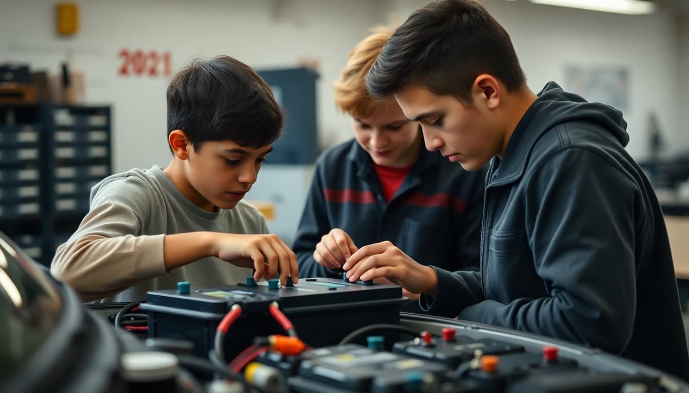 Michigan students working on an electric vehicle battery project at a school automotive lab