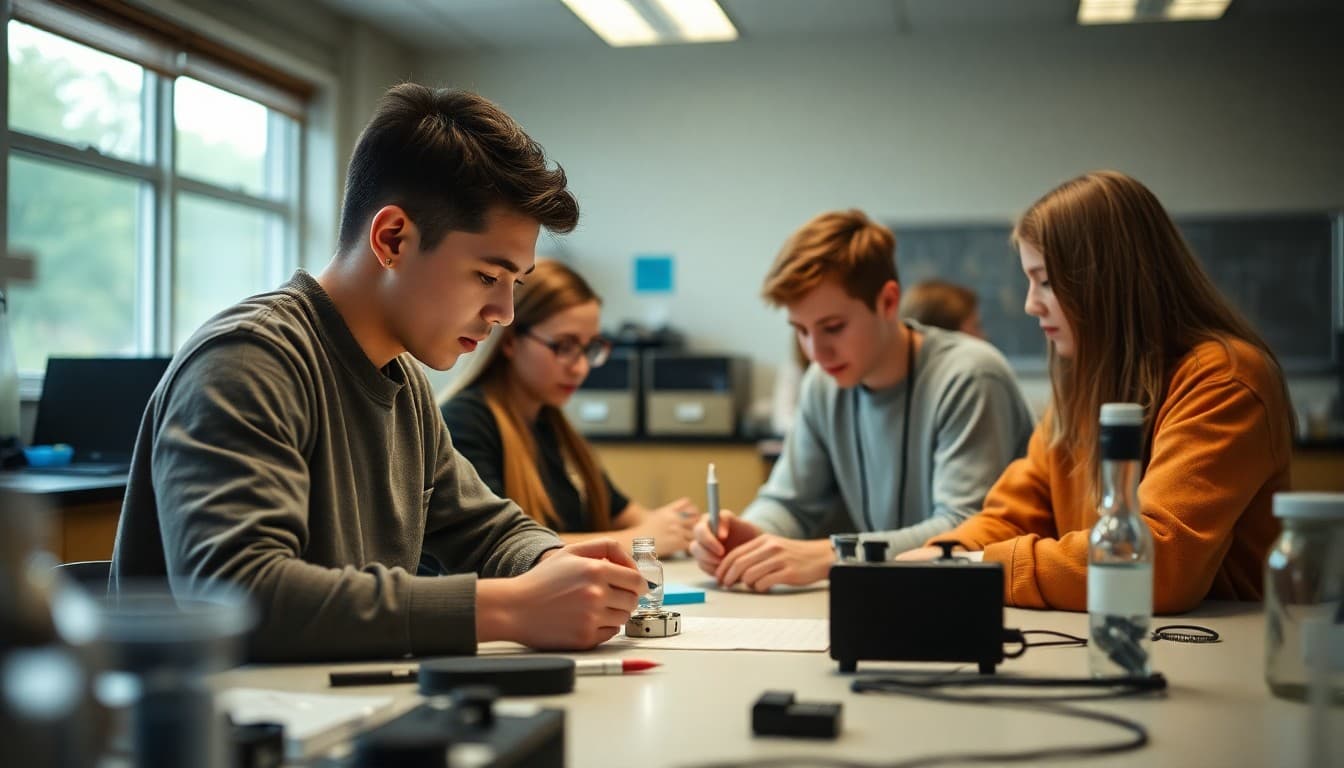 Minnesota students working on a medical device engineering project in a school lab