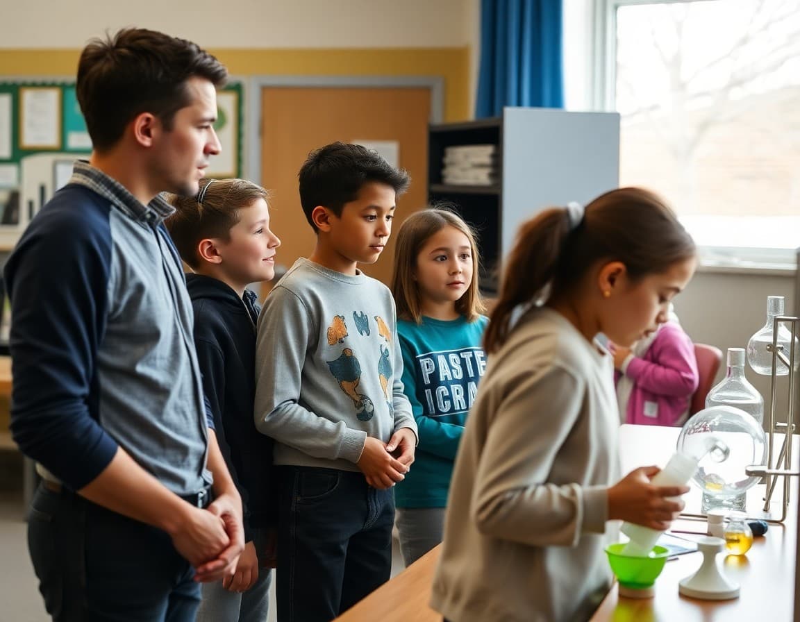 Students and teacher displaying science fair projects during National Science Week event