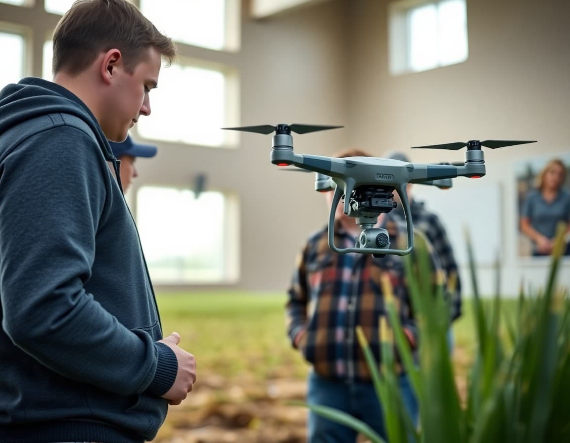 North Dakota agricultural technology students using drone equipment to survey a field