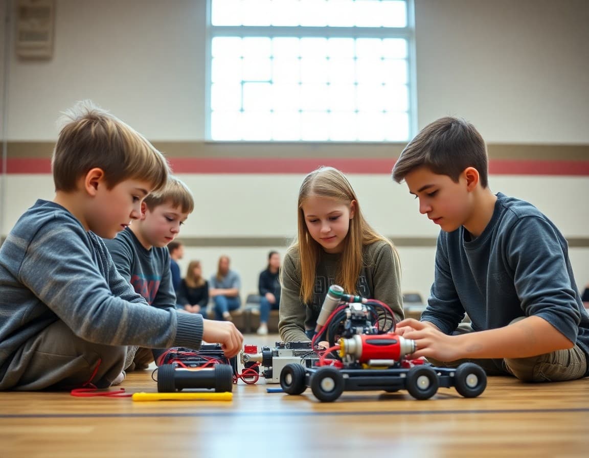 Nebraska middle school students working on a robotics challenge in a school gymnasium