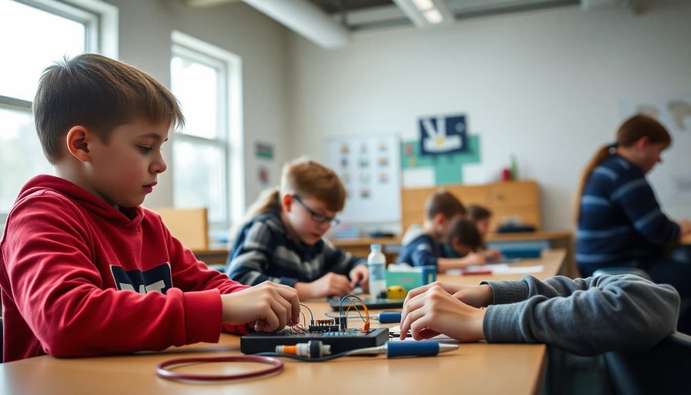 New Hampshire students working on an electronics project in a school engineering class