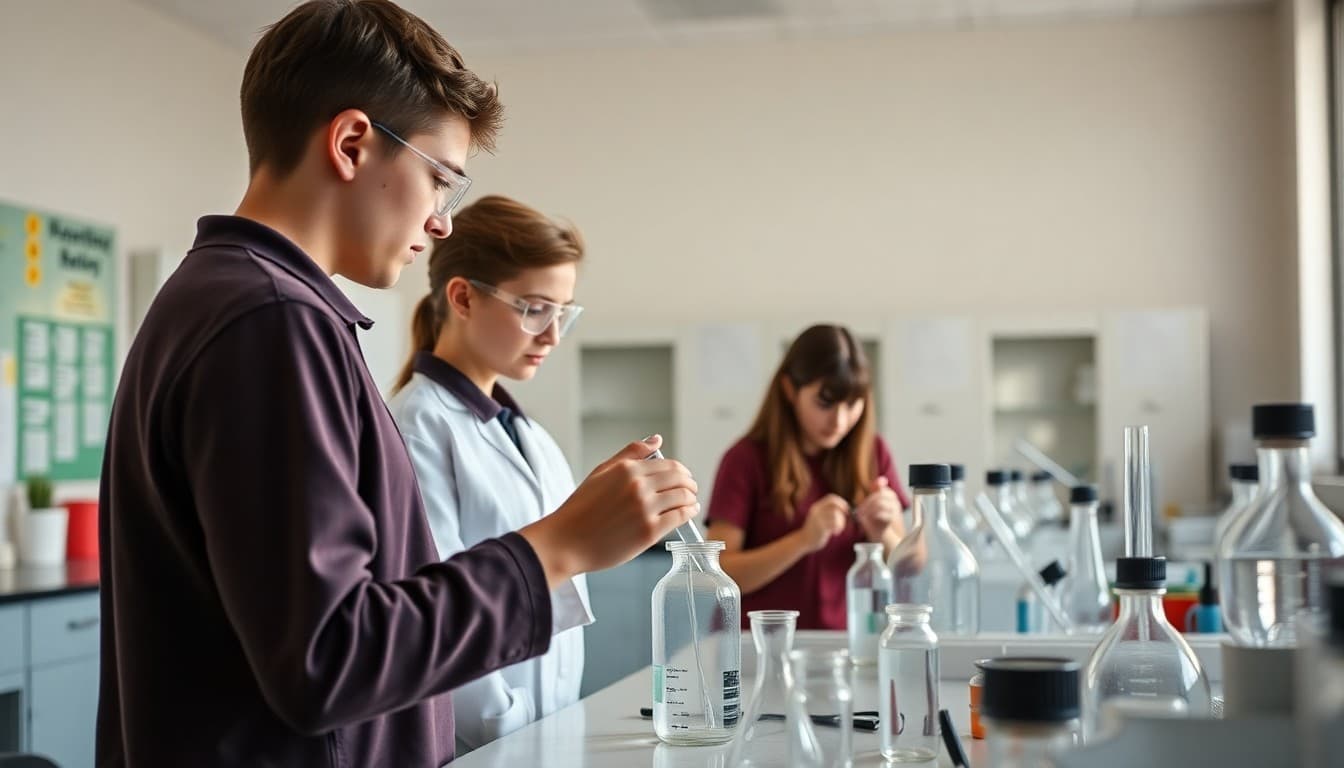New Jersey students working on pharmaceutical science experiments in a school chemistry lab