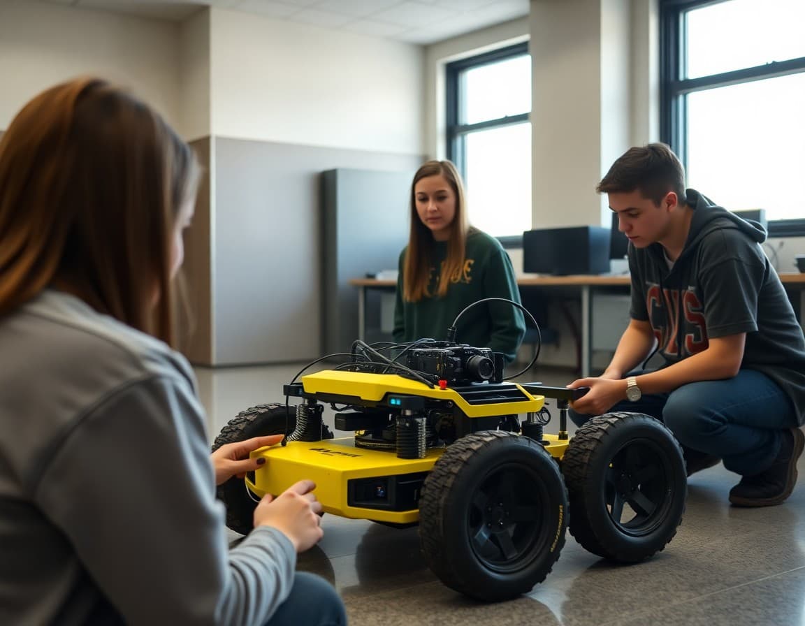 Nevada high school students testing autonomous vehicle prototype in a school lab