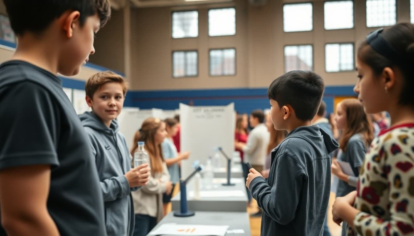 New York City students presenting science projects at a school science fair in a gymnasium