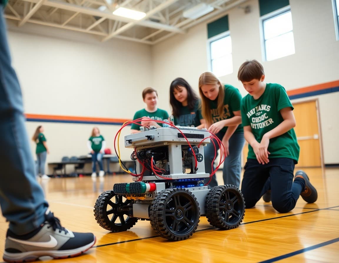 Ohio robotics team members testing their competition robot in a school gymnasium