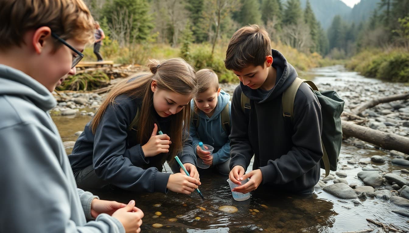 Oregon students conducting environmental science research near a Pacific Northwest river