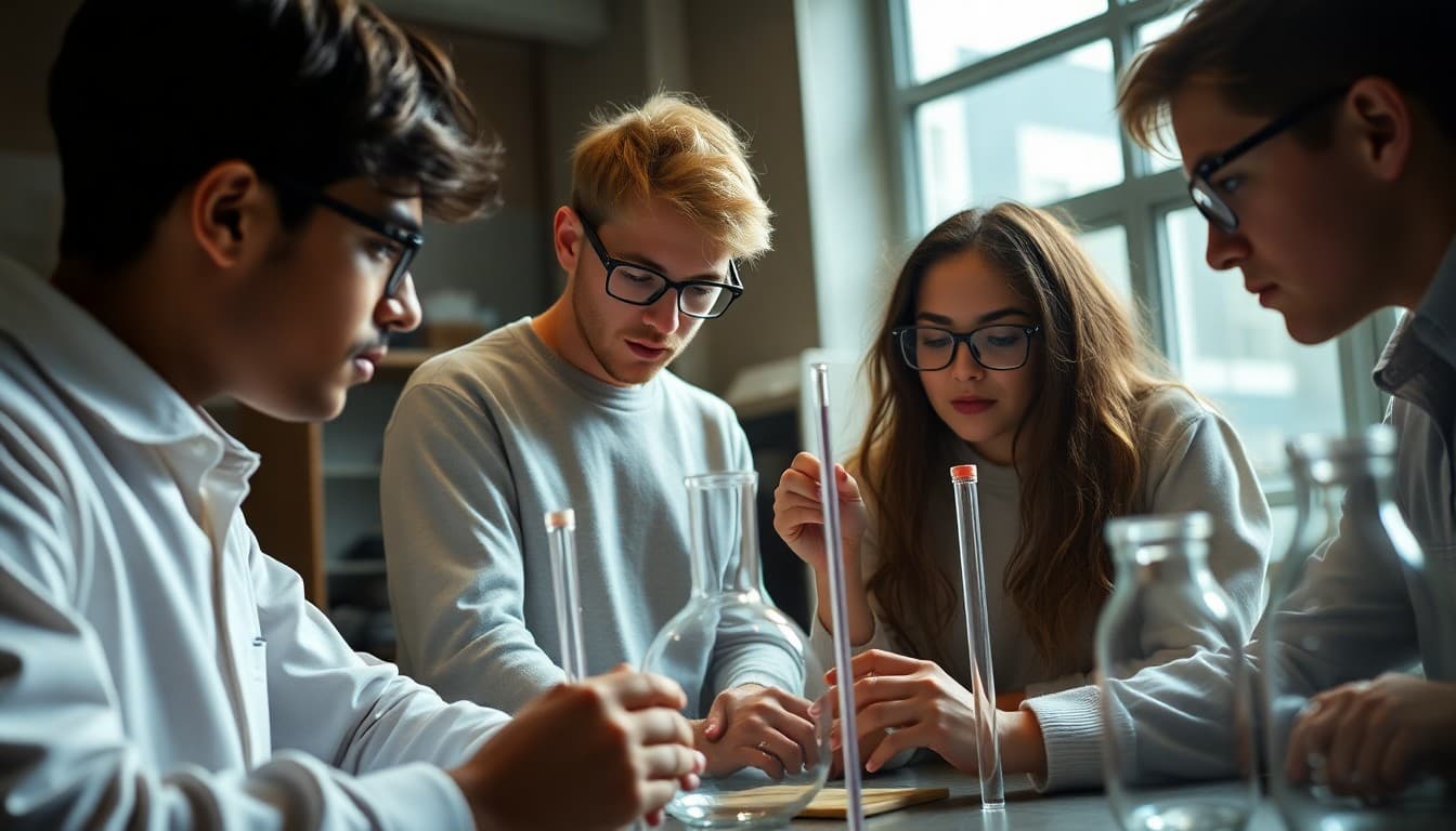 Physics club students at physics experiment demonstration measuring results together