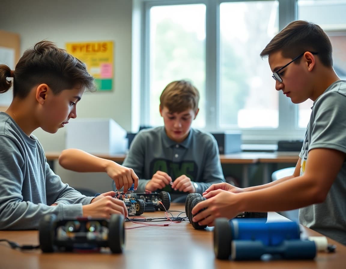 Rhode Island engineering students working on a robotics design project in school