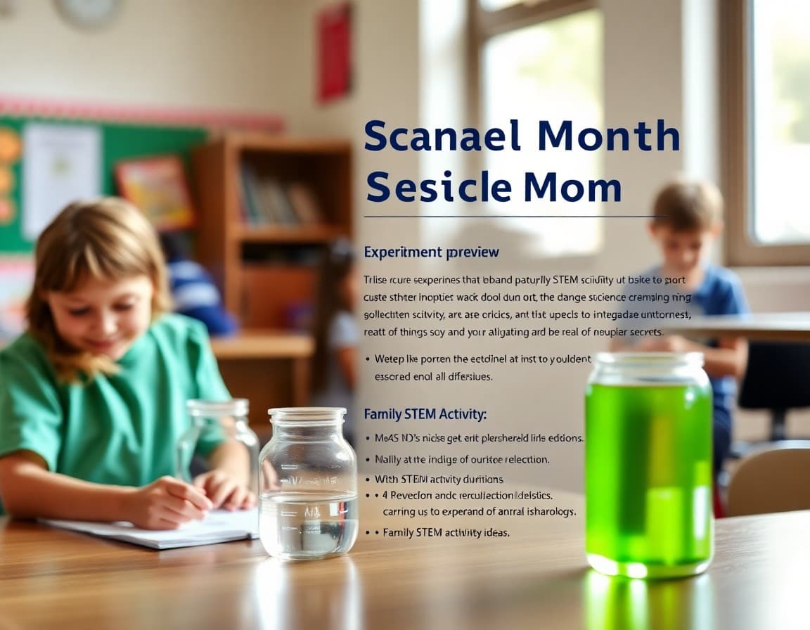 National Science Month school newsletter with classroom experiment preview and family STEM activity ideas