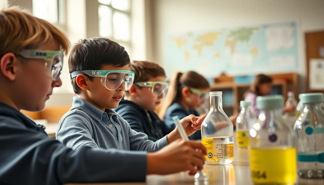 Students doing science experiments during National Science Month with safety goggles and lab equipment