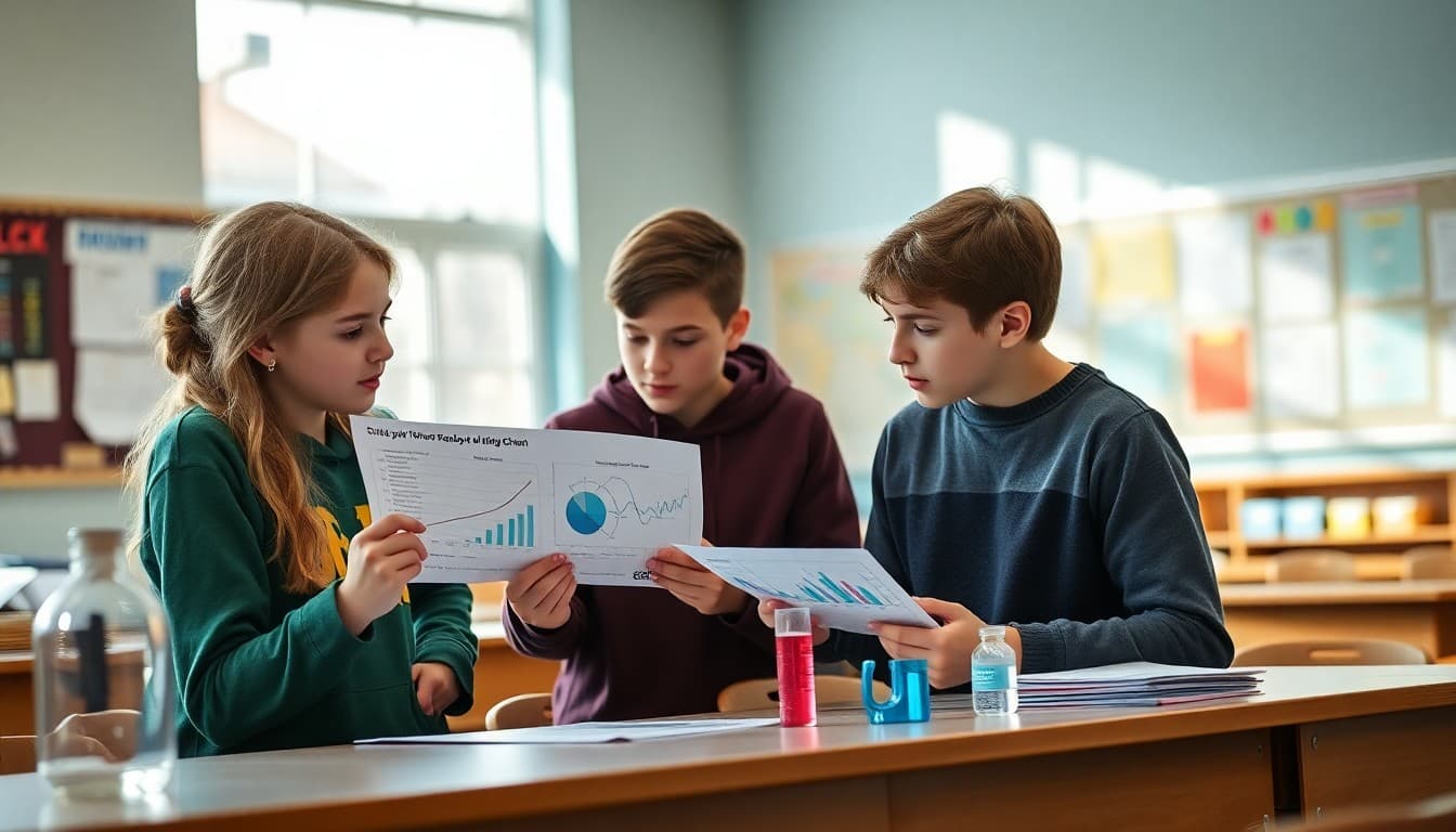Middle school students analyzing science data charts together in a bright classroom