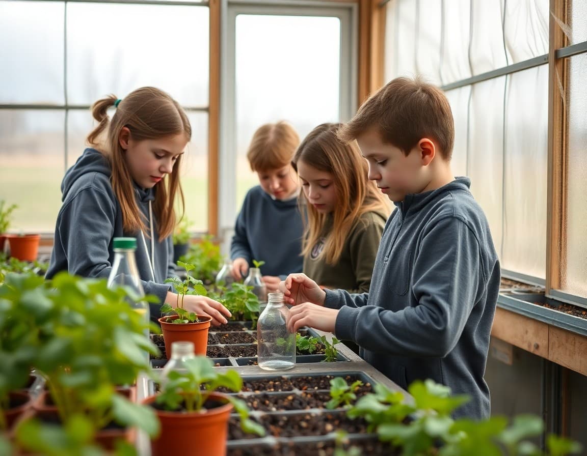 South Dakota students conducting agricultural science experiments in a school greenhouse
