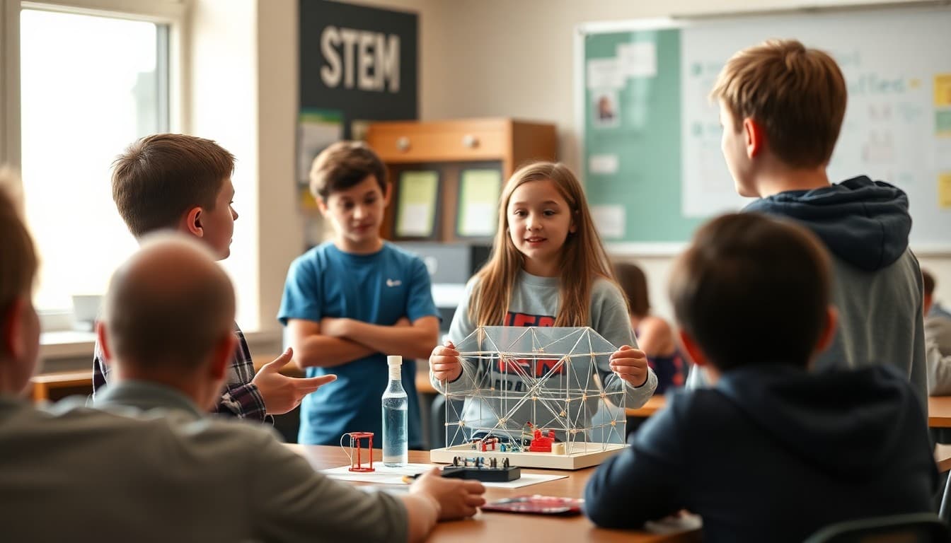 Students presenting STEM challenge solution to class with completed design project