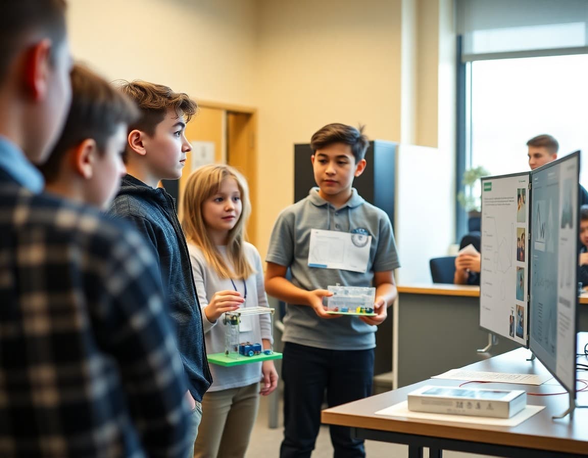 Students presenting STEM fair projects to judges with engineering prototypes and data displays