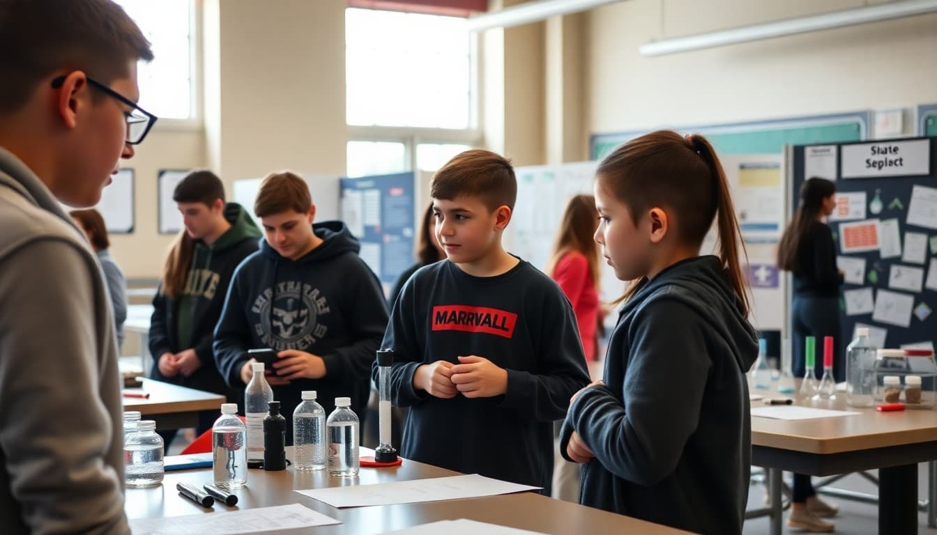 STEM fair with student project displays in science technology engineering and math categories at school
