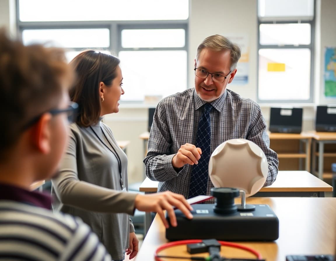 Teacher and administrator reviewing new STEM equipment funded by school grant