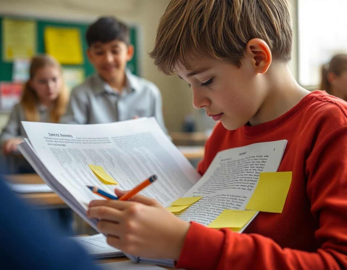 Close-up of student annotating a science article with sticky notes and pencil