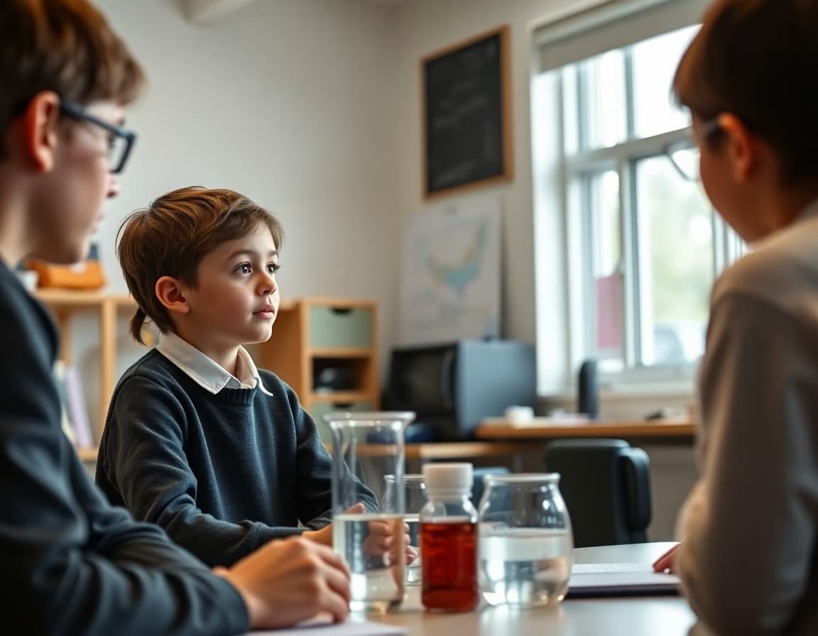 Student explaining science experiment results to classmates using data visualization