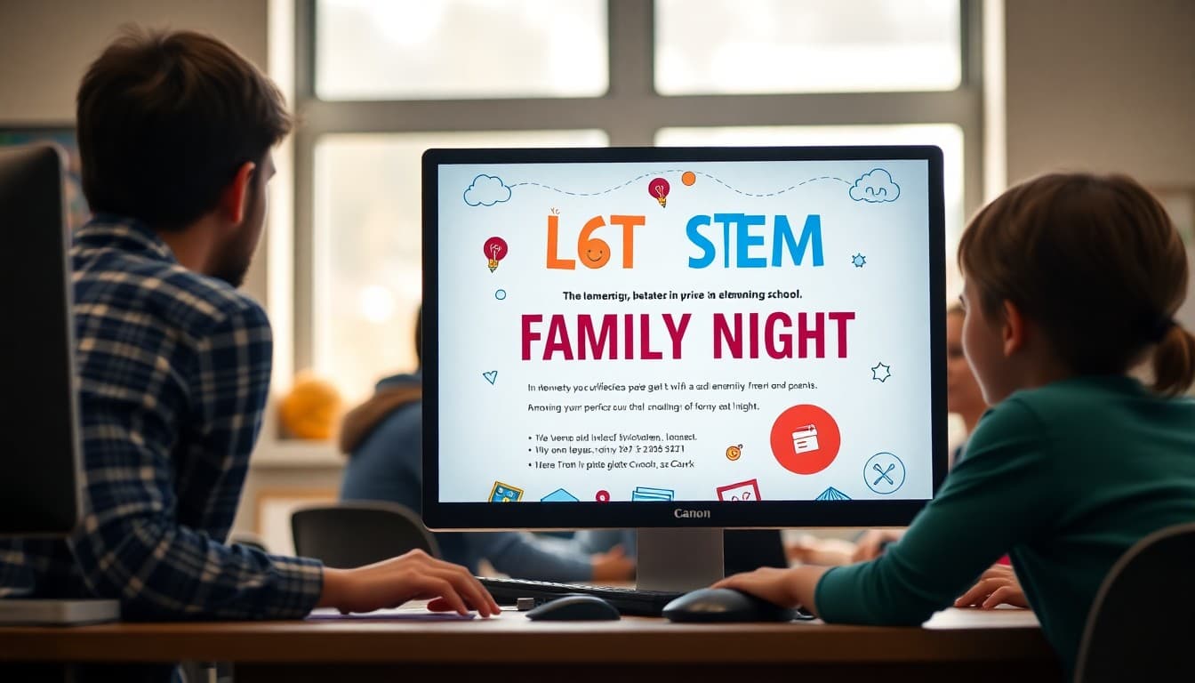 STEM family night newsletter invitation for elementary school parents on computer