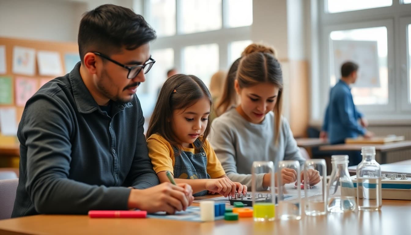 Parents doing STEM activities with children at school workshop alongside teacher