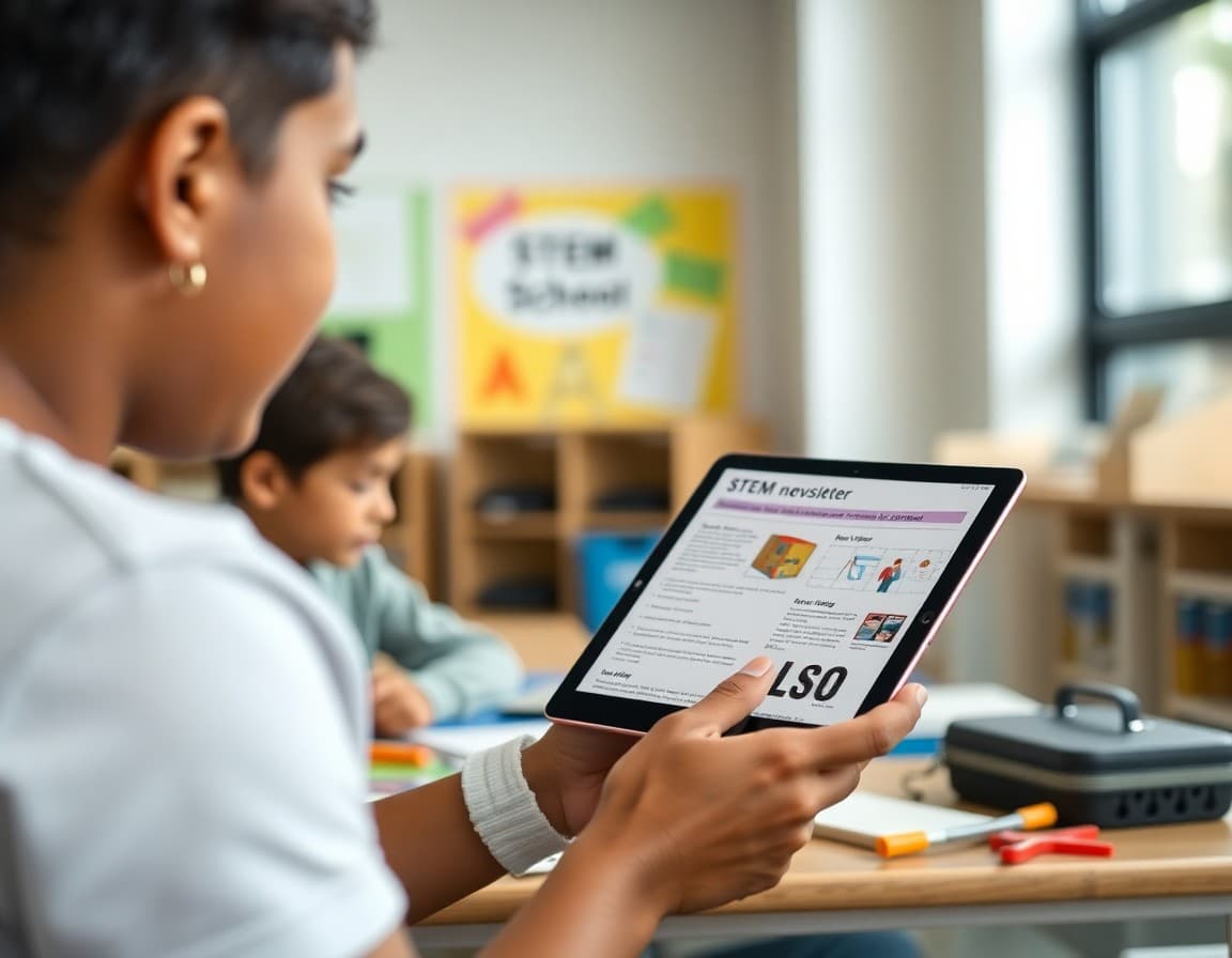 Parent reading a STEM school newsletter on a tablet next to engineering project materials