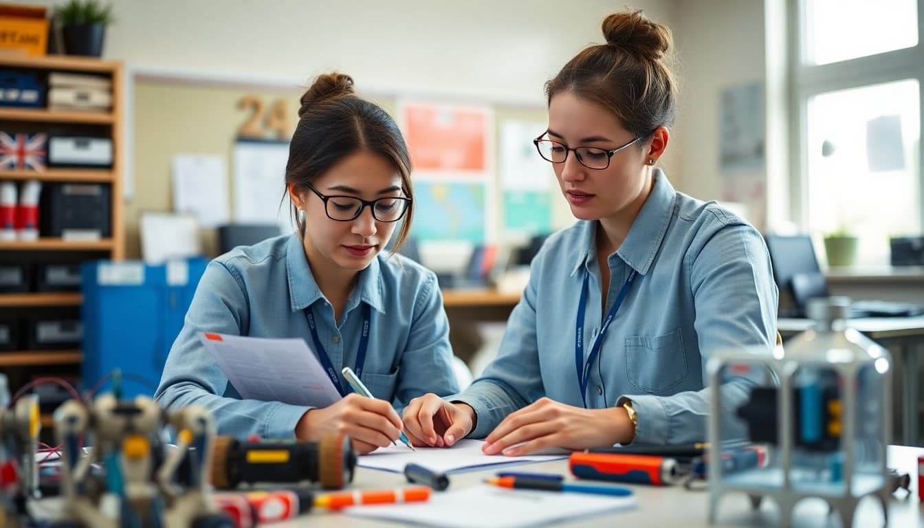STEM school teacher writing a newsletter surrounded by robotics and engineering materials