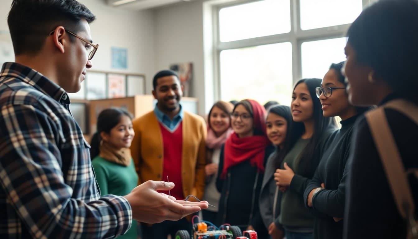 STEM school teacher and diverse parents discussing robotics and engineering projects at a school event