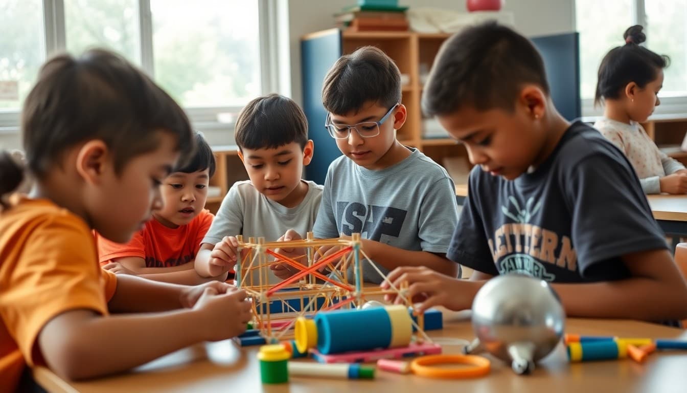 Students at STEM summer camp working on engineering challenge with building materials