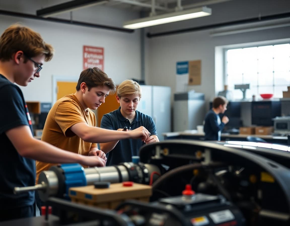 Tennessee high school students working on automotive engineering project in school lab