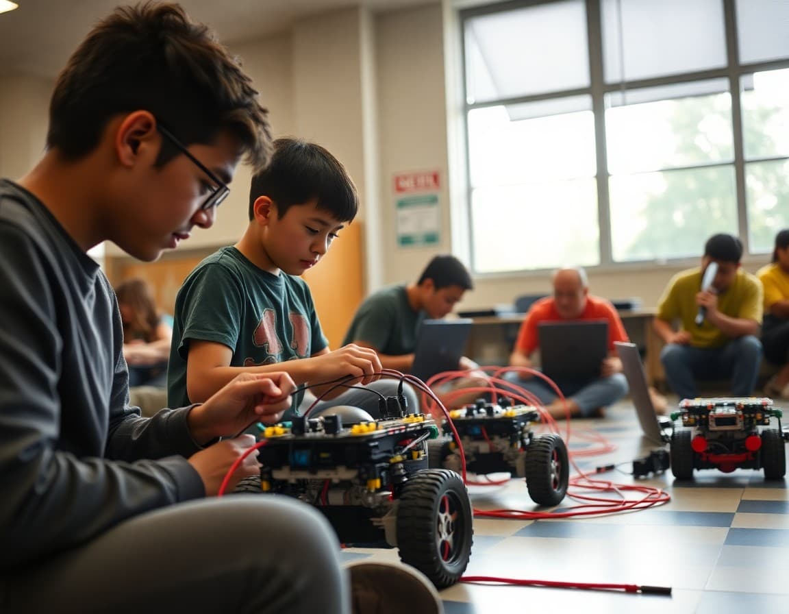 VEX robotics students working on robot build with programming laptop and competition field tiles