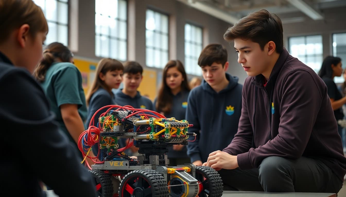 VEX robotics team at competition with robot and coach reviewing match strategy